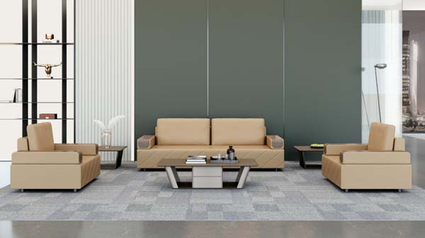 3+1+1 Beige Faux Leather Executive Office Reception Sofa Set with Side Tables