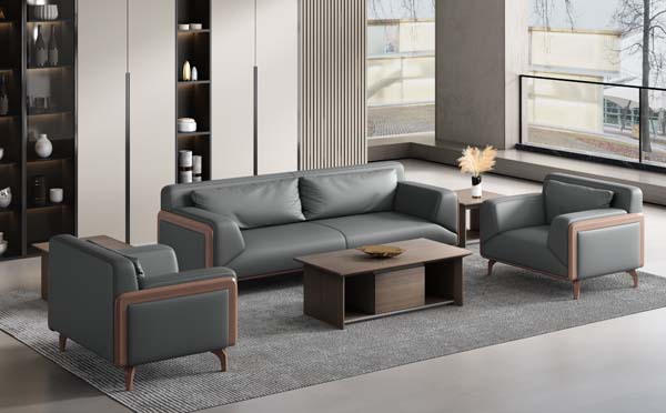 Modern Office Leather Sofa Set, 3-Seater + 2 Single-Seater with Wood Accents
