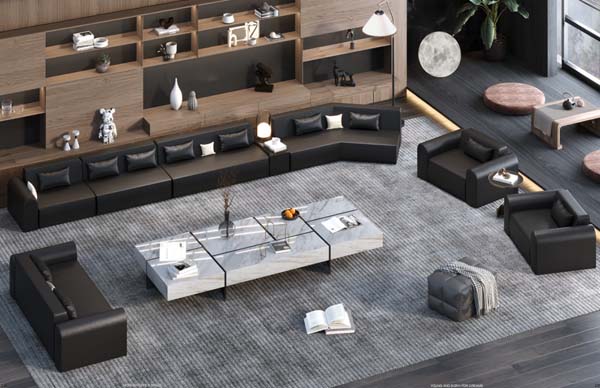 Modular L-Shaped Black Leather Sectional Sofa Set