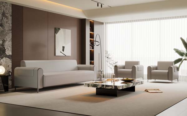 3-Piece Modern Light Grey Upholstered Living Room Sofa Set with Marble-Top Coffee Table