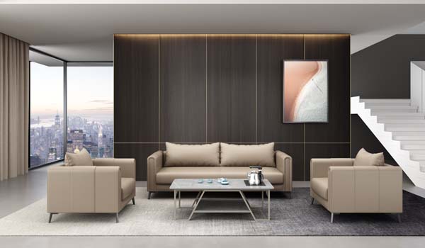 Modern Light Beige Leather 3+1+1 Office Reception Sofa Set with Sintered Stone Coffee Table