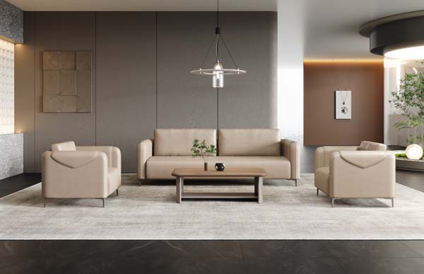 Beige Faux Leather 3+1+1 Office Reception Sofa Set with Rectangular Coffee Table