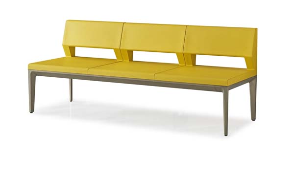 Three-Seat Upholstered Bench with Geometric Cutout Backrest and Brushed Metal Frame